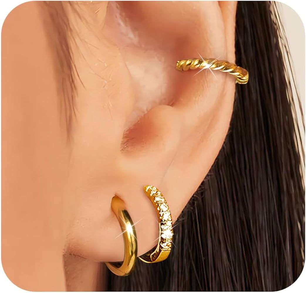 Gokeey Small Gold Huggie Hoop Earrings Set for Women 14K Real Gold Plated Hypoallergenic Lightwei... | Amazon (US)