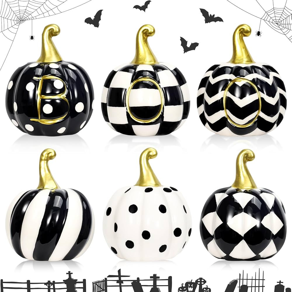RGQSUN Set of 6 Ceramic Halloween Pumpkin Decor,Ceramic Black and White Buffalo Plaid Pumpkins,Ha... | Amazon (US)