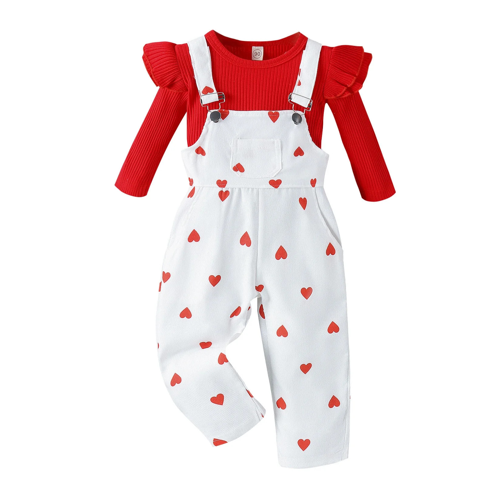 Valentine's Day Toddler Outfits For Girls Long Sleeve Heart Prints Ribbed Pullover Tops Suspender... | Walmart (US)