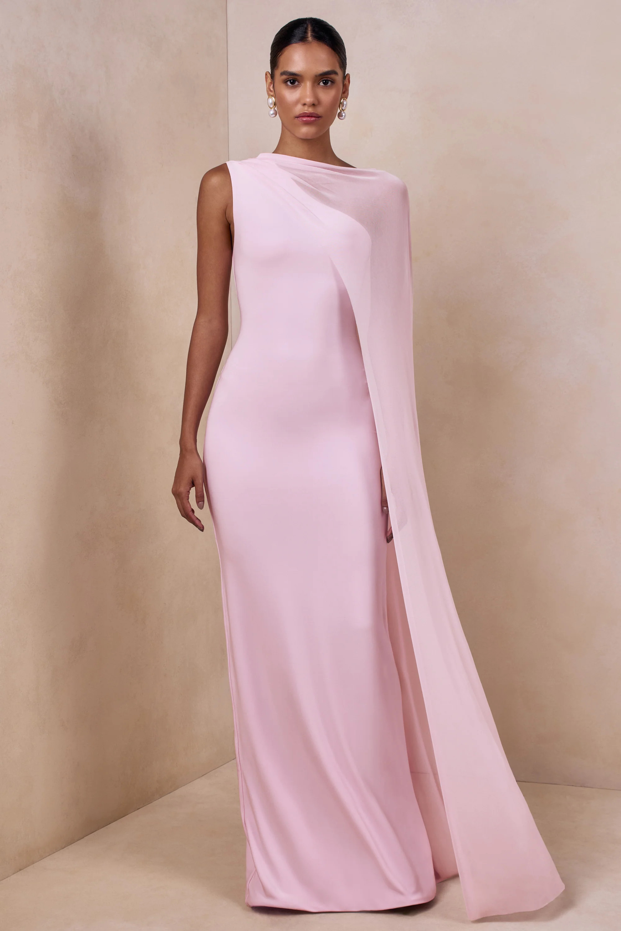 Mirelle | Light Pink Boat-Neck Maxi Dress With Cape-Sleeve | Club L London