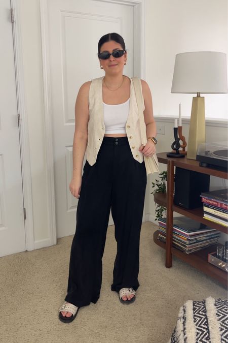 Linen vest (medium) | white ribbed tank top | black trousers (Gentle Fawn, can’t link) | cream sandals | cream crossbody | black sunglasses | gold jewelry 

Spring outfit, trouser style, casual outfit 

#LTKstyletip #LTKfindsunder100 #LTKmidsize