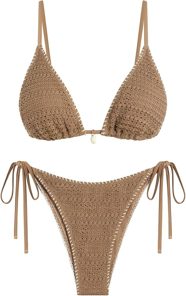 ZAFUL Women's Sexy Triangle Bikini Set Crochet Tie Side String Cheeky Swimsuit 2 Piece Bathing Su... | Amazon (US)