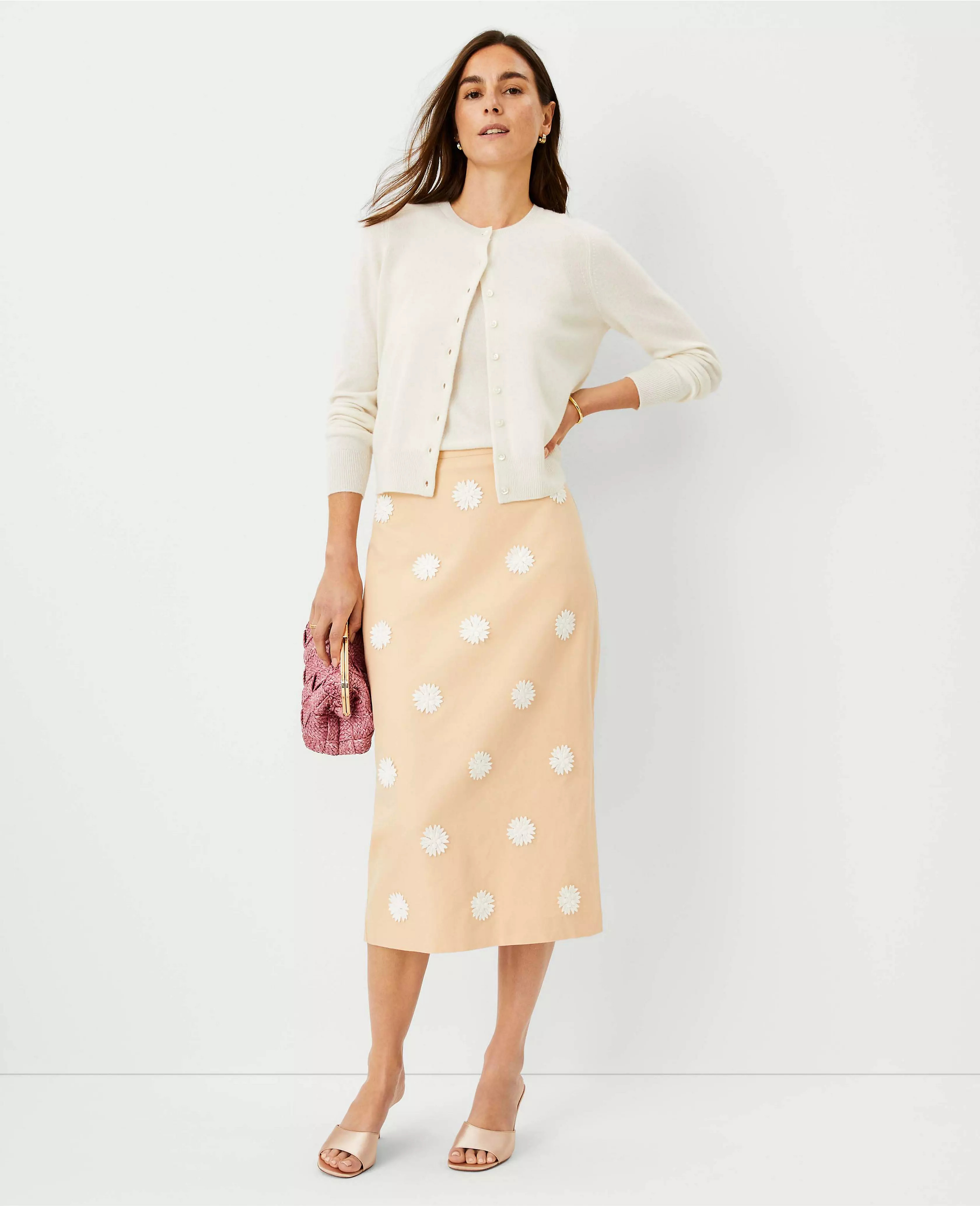 Studio Collection Applique Cotton Linen Midi Skirt | Ann Taylor (US)