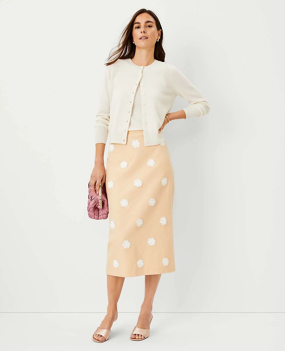 Studio Collection Applique Cotton Linen Midi Skirt | Ann Taylor (US)
