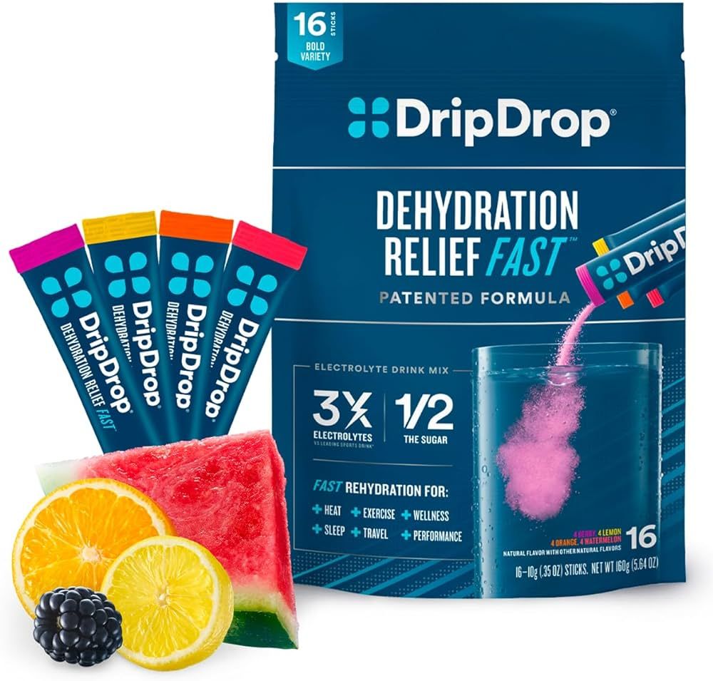 DripDrop Hydration - Electrolyte Powder Packets - Watermelon, Berry, Orange, Lemon - 16 Count | Amazon (US)
