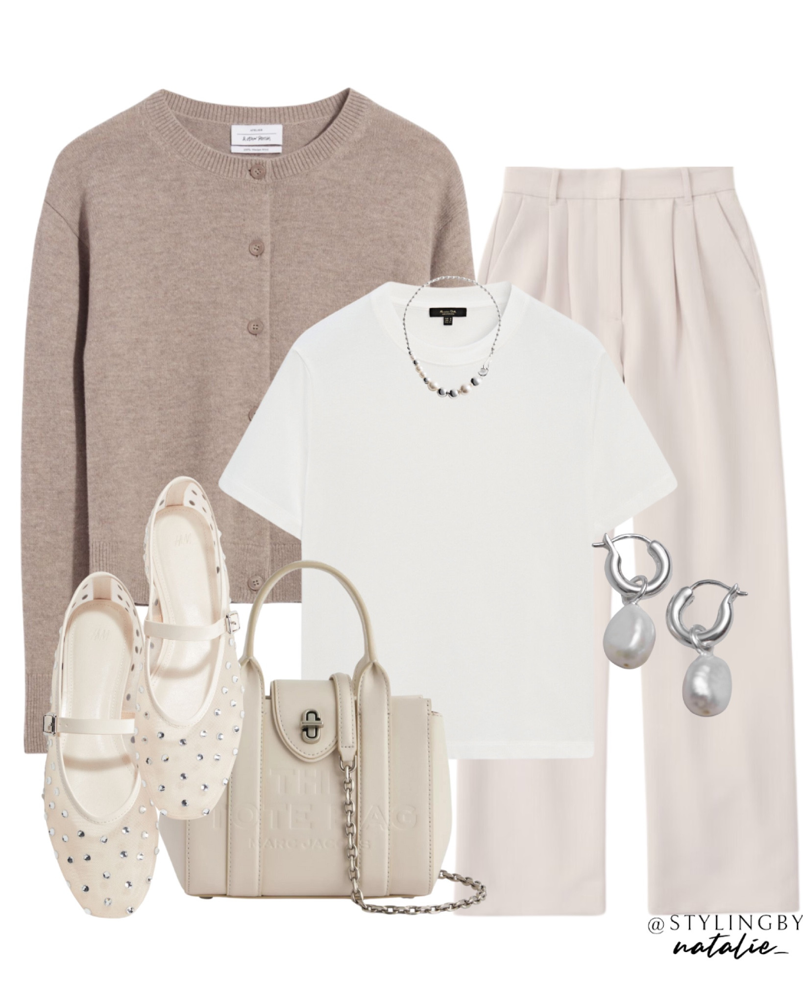 Knit cardigan, tailored trousers, white T-shirt, rhinestone mesh ballet flats, pearl accessories and Marc jacobs bag. Work wear, work outfit, autumn work wear, autumn outfit, fall outfit.

#LTKautumn #LTKstyletip #LTKworkwear