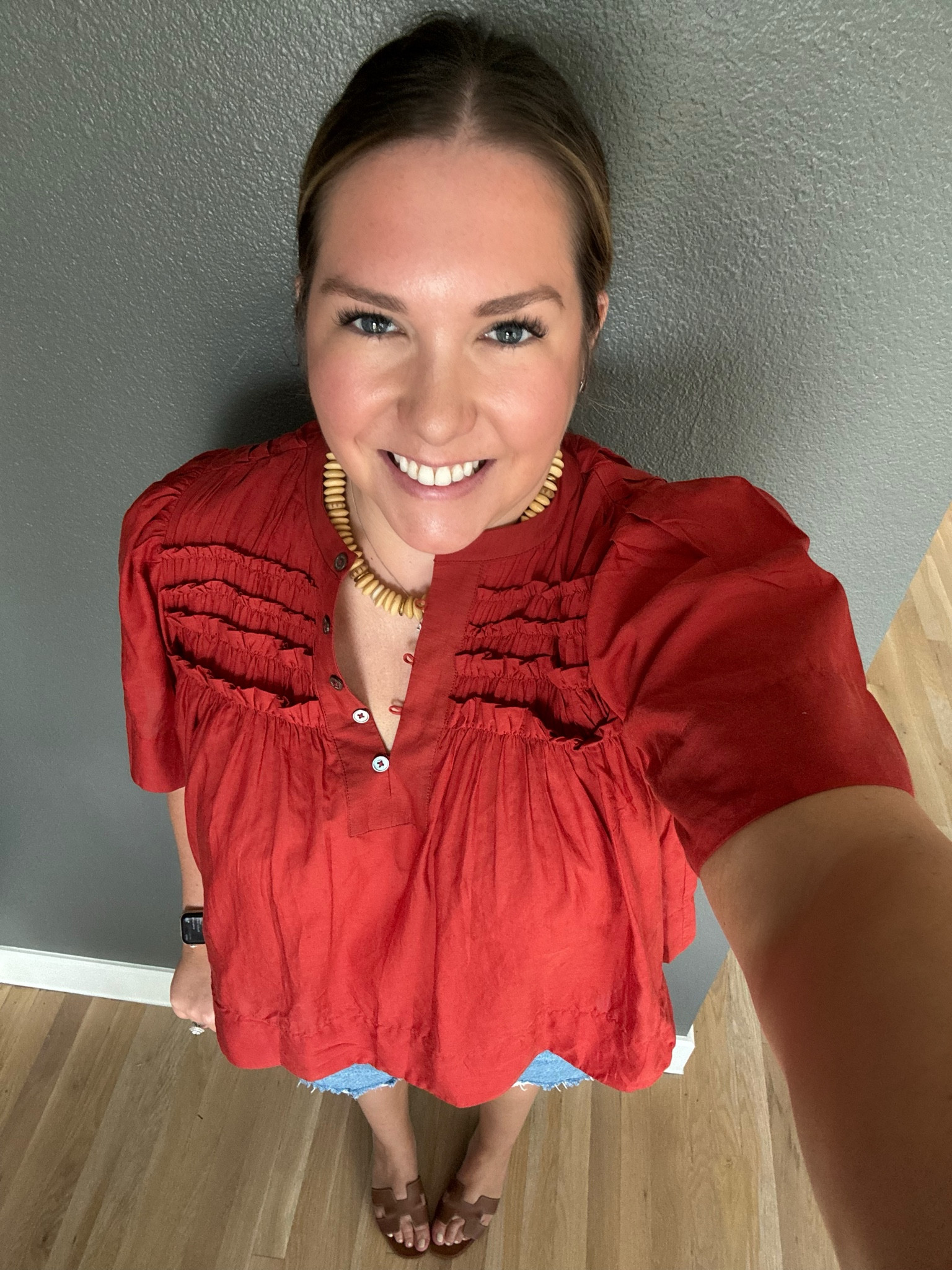 Headed to 30A for the week for a little relaxation. I love this color blouse for a fall look when the weather still hasn’t quite turned. I kept it comfortable with Jean shorts, leather sandals and added a beaded necklace for a little texture  

#LTKShoeCrush #LTKMidsize #LTKFindsUnder100