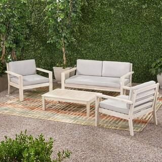 Noble House Santa Ana Brushed Light Grey Washed 4-Piece Wood Patio Conversation Seating Set with ... | The Home Depot