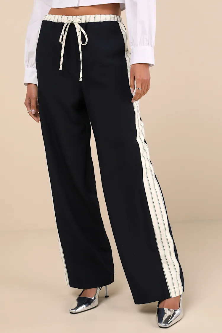 Confident Option Navy Blue Contrast Trim Side Stripe Pants | Lulus