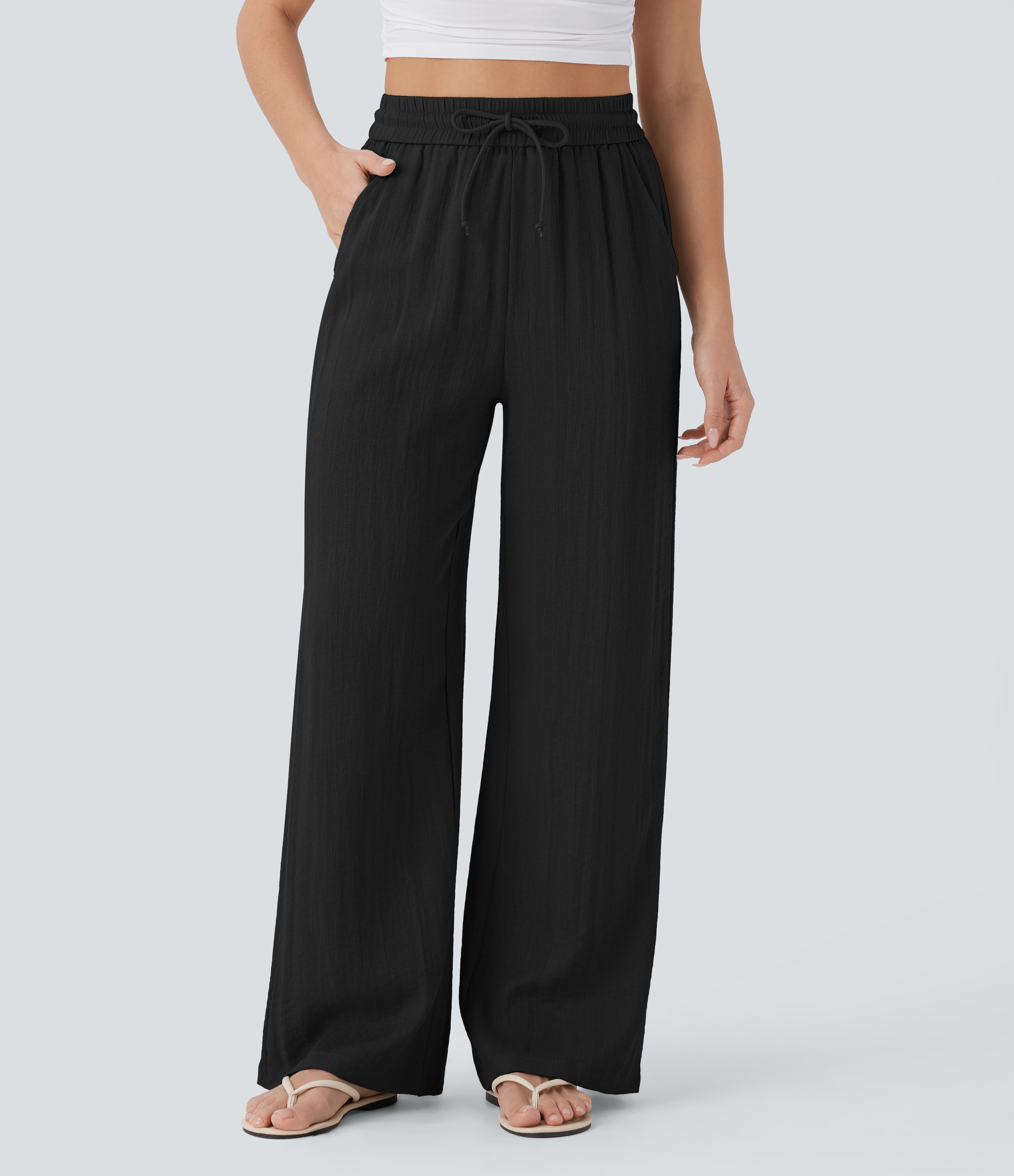 Halara High Waisted Drawstring Pocket Wide Leg Casual Linen-Feel Pants - Black - L(petite) sweatpants jogger pants stacked sweatpants | HALARA