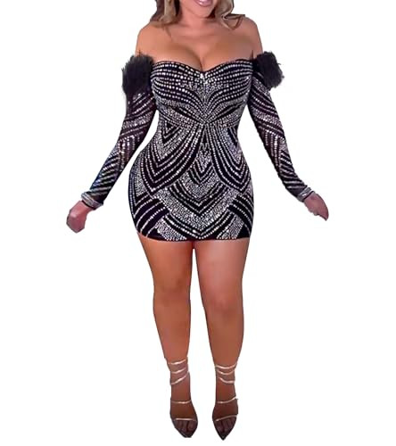 CUTUBLY Rhinestone Black Feather Dress Birthday Outfits for Women Sexy Club Dresses(K2887,Black,M) | Amazon (US)