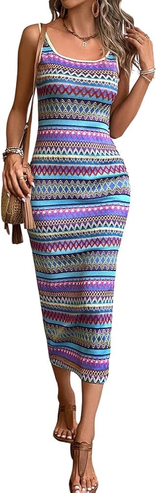 COZYEASE Women's Summer Dress Geometric Boho Split Side Square Neck Tank Dress Casual Long Beach ... | Amazon (US)