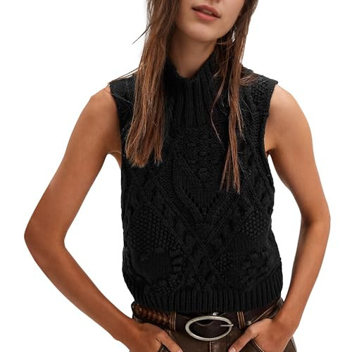 Hixiaohe Turtleneck Crochet Sweater Vest Fall Fashion Knit Sleeveless Tank Tops for Women Lightweight Casual Pullover Clothes(Black,L) | Amazon (US)