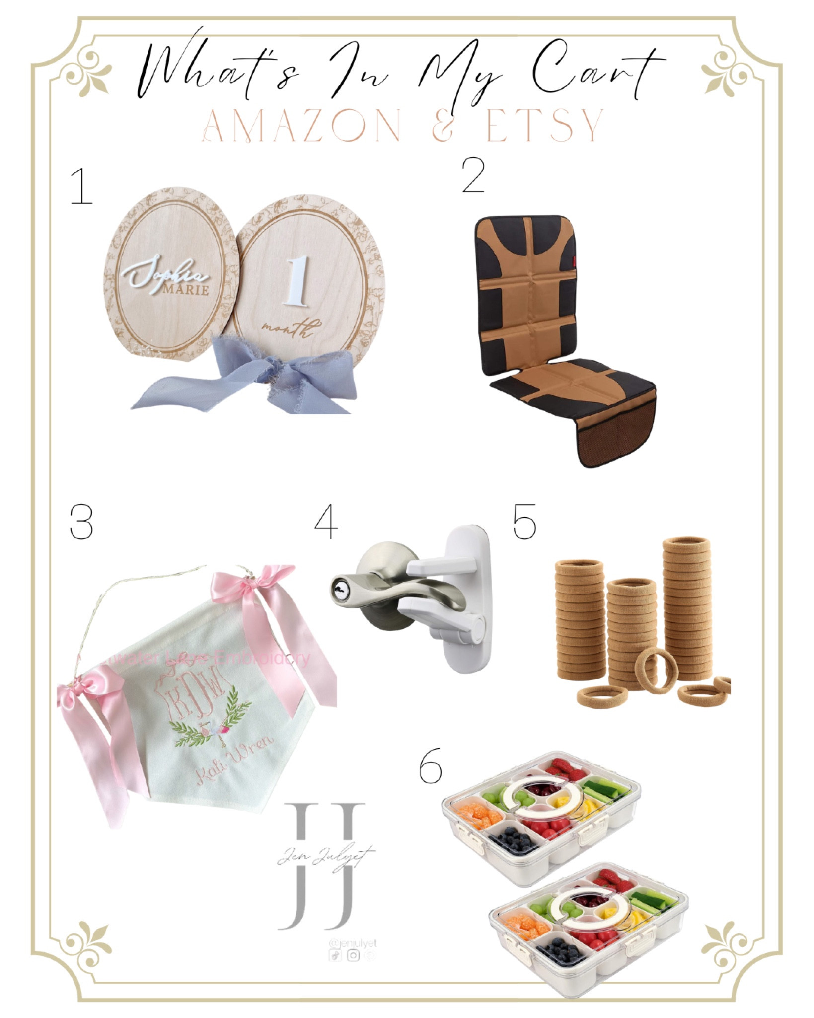 WHATS IN MY CART

1. Milestones or name plaque with different color bows

2. I use these seat covers for under the car seats and they really work! 

3. The cutest name banner. I never go around to getting this for my babies and it would be so cute to hang it above their bed 

4. NEED safety locks for our door handles because my toddler is always on the move 

5. Love these pony tails 

6. Must have snack container for the park, beach or pool


Amazon Etsy baby toddler 

#LTKBaby #LTKFindsUnder100 #LTKFindsUnder50