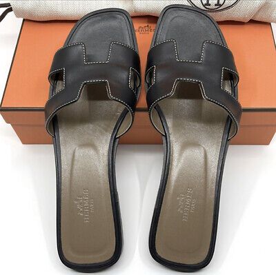 Hermes Black Oran Sandals 38.5 | eBay US