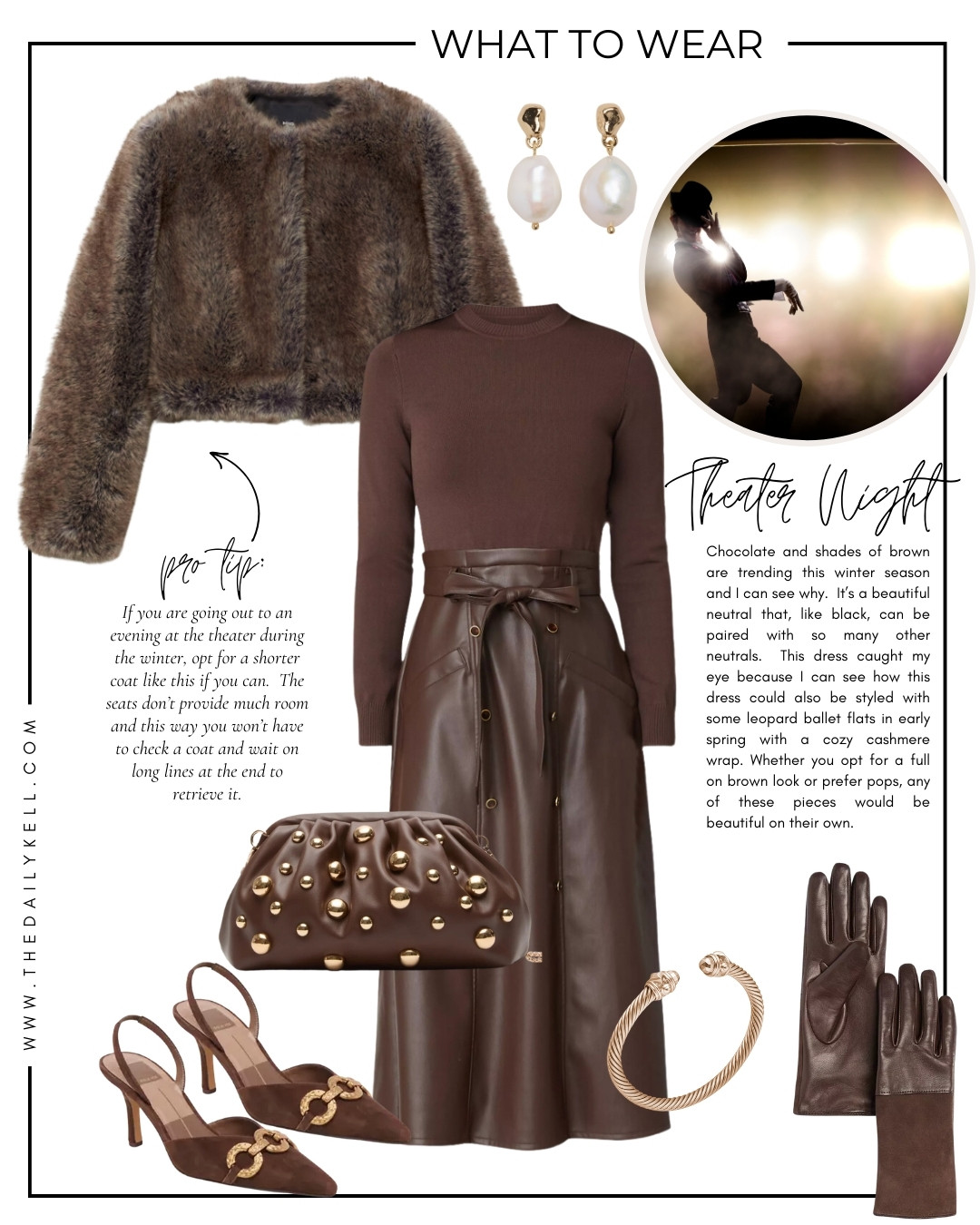 Cozy up in this rich chocolate brown ensemble, perfect for a winter night at the theater or a date night outfit. 

The faux fur  jacket adds a touch of luxury, while this sweater dress will keep you warm and stylish. To complete the look, don't forget a statement clutch and a great shoe. 

 

#LTKOver40 #LTKSeasonal #LTKShoeCrush