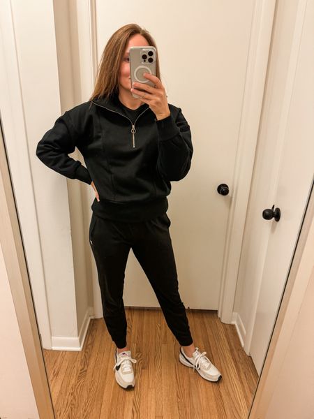 It’s cozy season! Digging this all black high/ low set. Paired an affordable quarter zip with my favorite luxe joggers. Digging these new kicks too // winter capsule // matching set // high low style. 

#LTKSeasonal