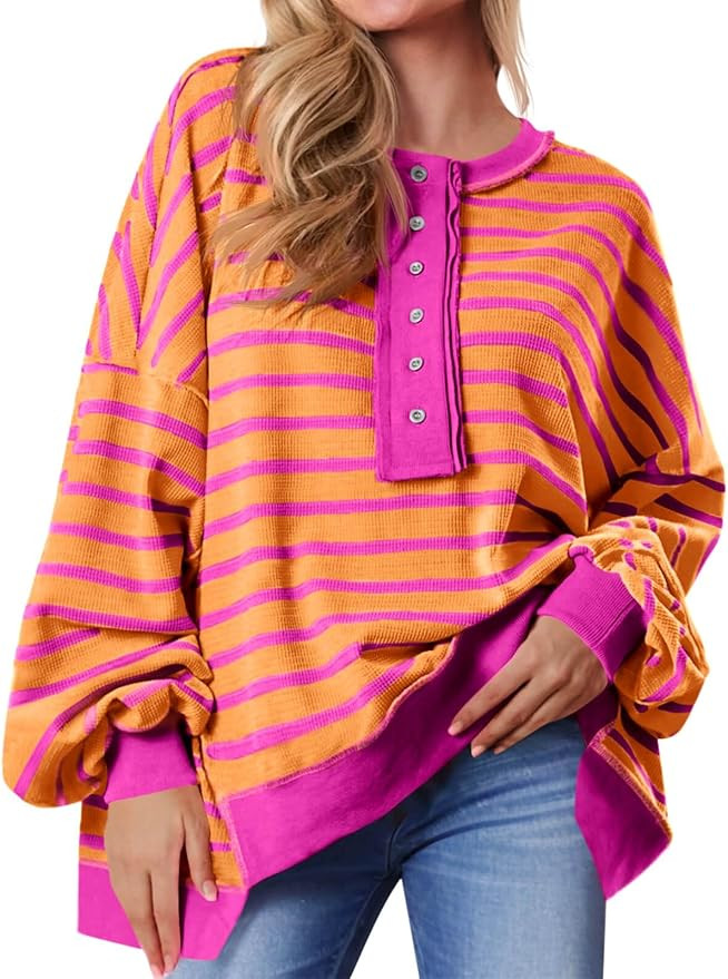 Tankaneo Womens Oversized Striped Sweatshirts Henley Shirts Color Block Casual Pullover Waffle Kn... | Amazon (US)