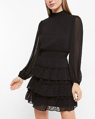 Clip Dot Mock Neck Long Sleeve Tiered Ruffle Dress | Express