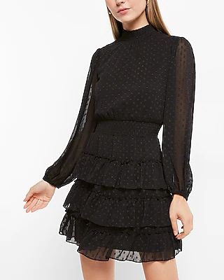 Clip Dot Mock Neck Long Sleeve Tiered Ruffle Dress | Express