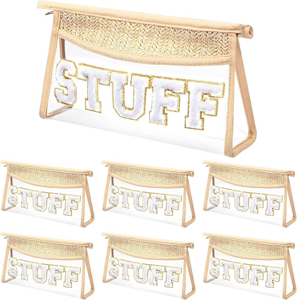 Silkfly 6 Pcs Boho Clear STUFF Makeup Bag Chenille Letter Bag Beige Toiletry Bag Transparent Wate... | Amazon (US)