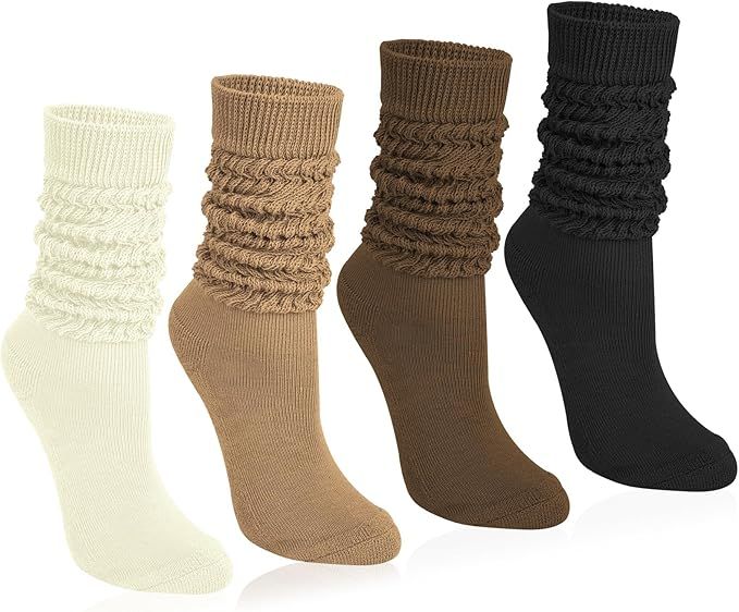 Justay 4 Pairs Women Slouch Socks Soft Knee High Scrunch Slouchy Socks Knit Tube Extra Long Socks... | Amazon (US)