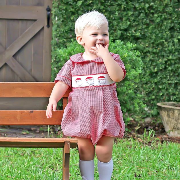 Santa Face Smocked Red Gingham Boy Bubble | Classic Whimsy