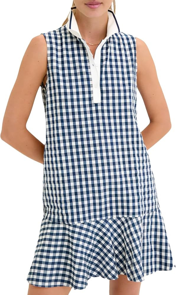 Shiyifa Womens Gingham Polo Dress Sleeveless Golf Mini Dresses Summer V Neck Plaid Tennis Sundres... | Amazon (US)