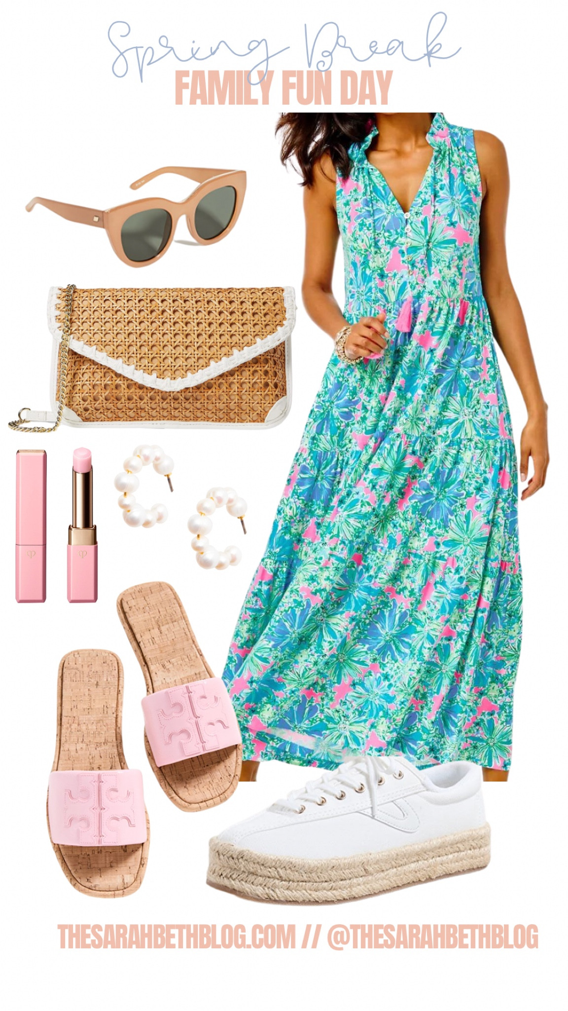 Spring break family fun day outfit ideas. Lilly Pulitzer maxi dress espadrille sneakers pink Tory Burch sandals cane bag pearl earrings 

#LTKstyletip #LTKSeasonal #LTKtravel