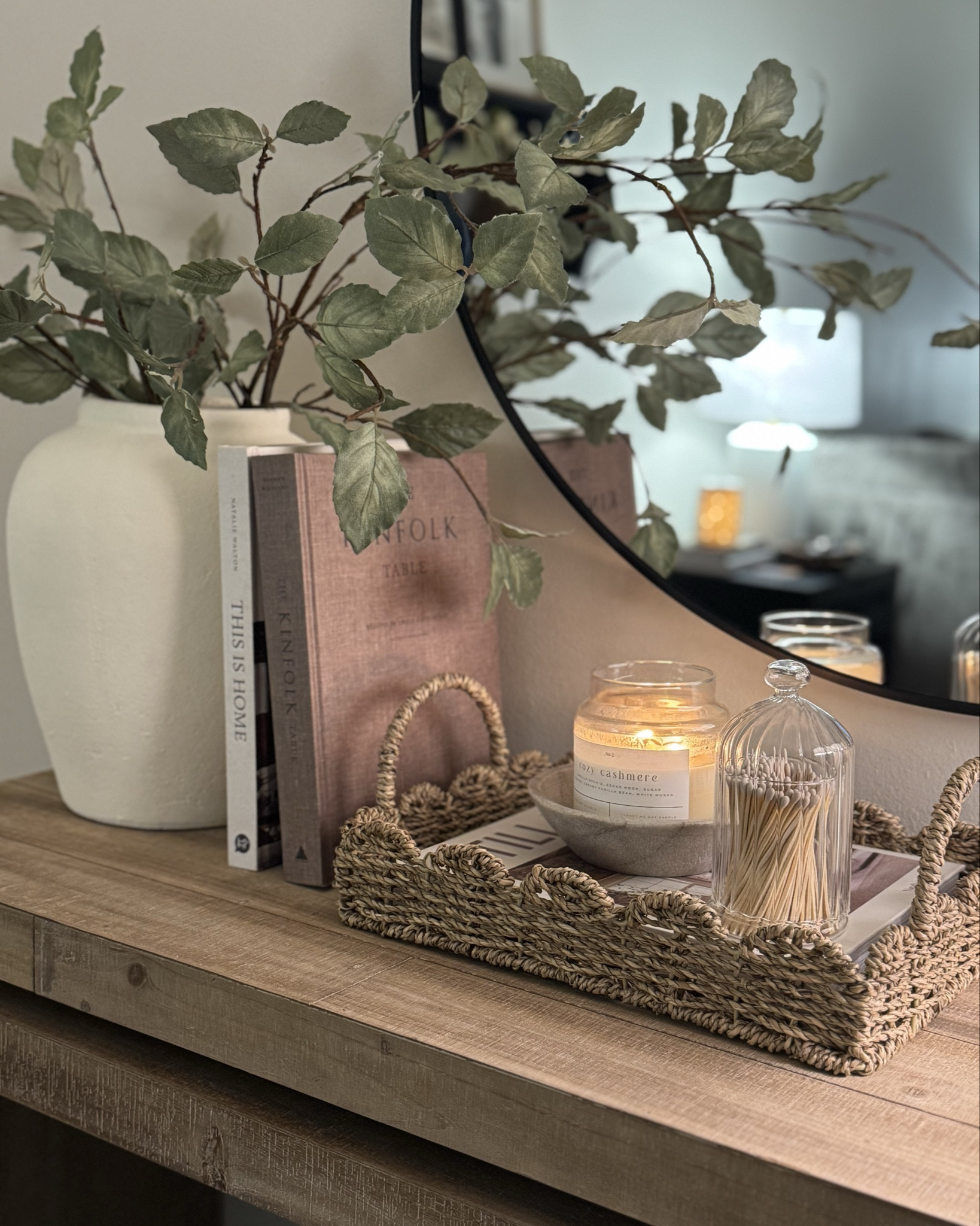 Wood console table, spring stems, sage stems, scallop tray, basket tray, coffee table
Books, cloche, candle bow, matches, round mirror, arwah table, neutral spring styling, console table decor, cream vase, black candlesticks, iron tapers, spring console table 

#LTKSaleAlert #LTKHome #LTKSeasonal