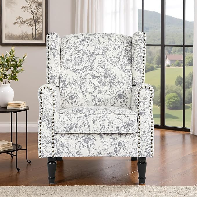 Floral High Back Accent Chair, Upholstered Armchair with Solid Wood Legs, Comfy Wingback Reading ... | Amazon (US)
