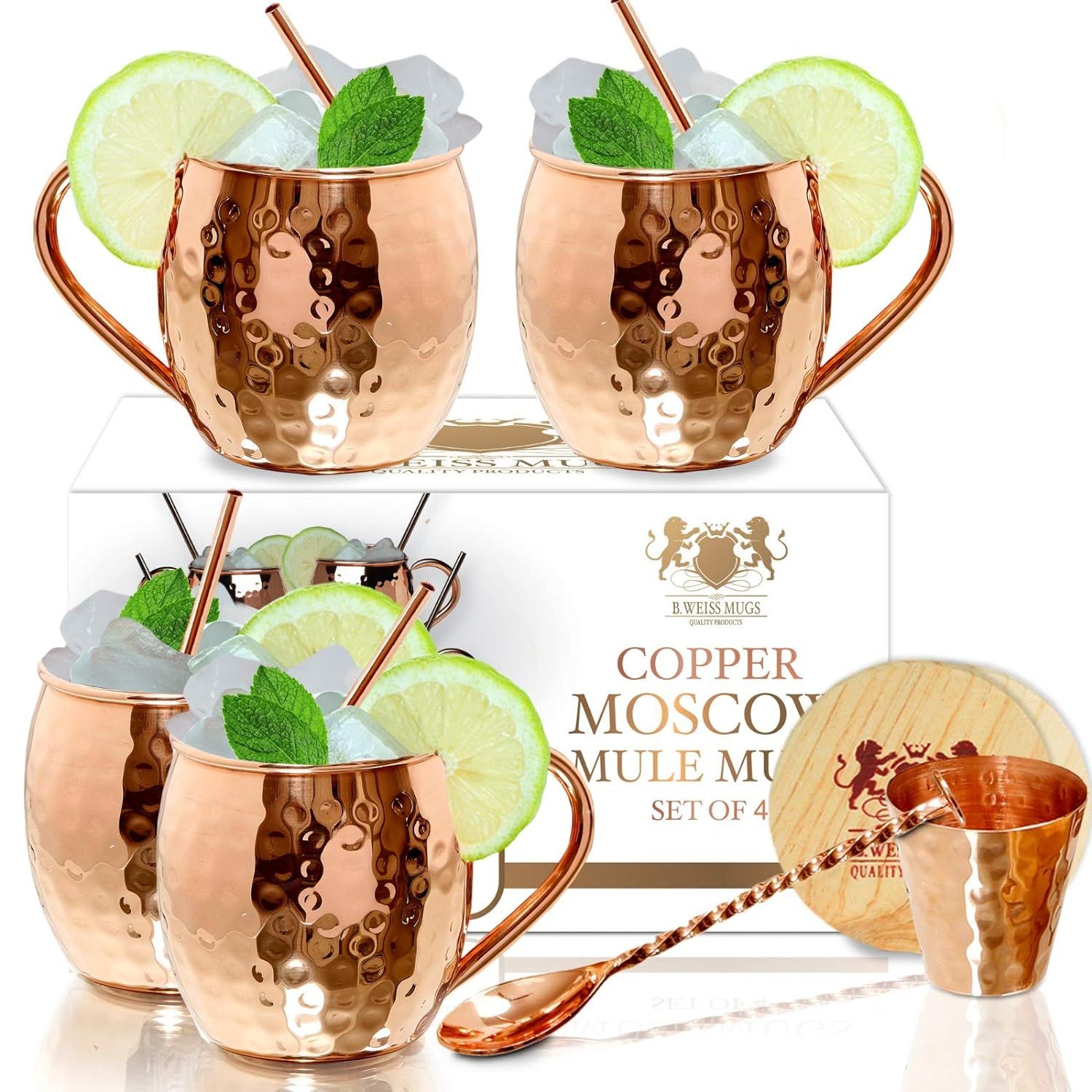 Moscow Mule Copper mugs Set Of 4 By B.WEISS Handmade Hammered Copper Cups 100% Pure Copper +Bonus... | Amazon (US)