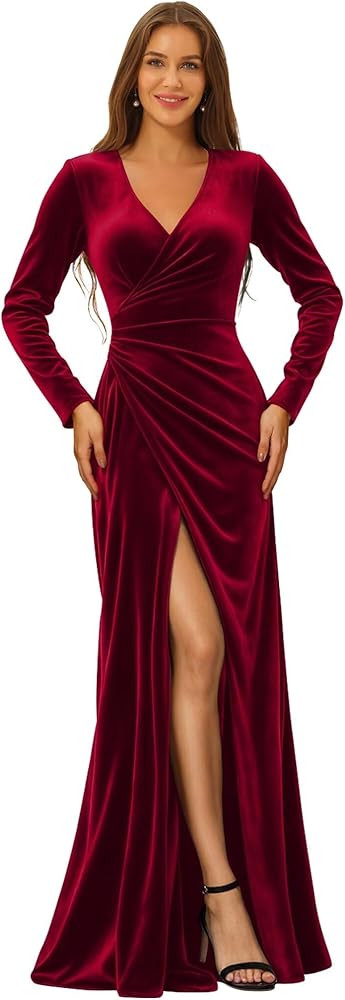 Dessiny Long Sleeve Velvet Pleated Bridesmaid Dresses for Women 2025 Maxi V Neck Formal Evening G... | Amazon (US)