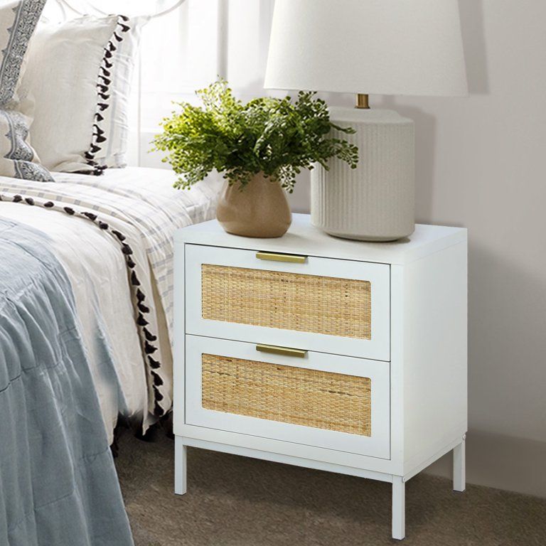 Natural Rattan 2 Drawer Nightstand, White Wood Storage Cabinet for Bedroom Livingroom Simple Sofa... | Walmart (US)