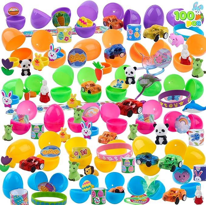 JOYIN 100 Pcs Prefilled Easter Eggs With Assorted Toys Plus Stickers Inside, Stuffed Eggs with Di... | Amazon (US)