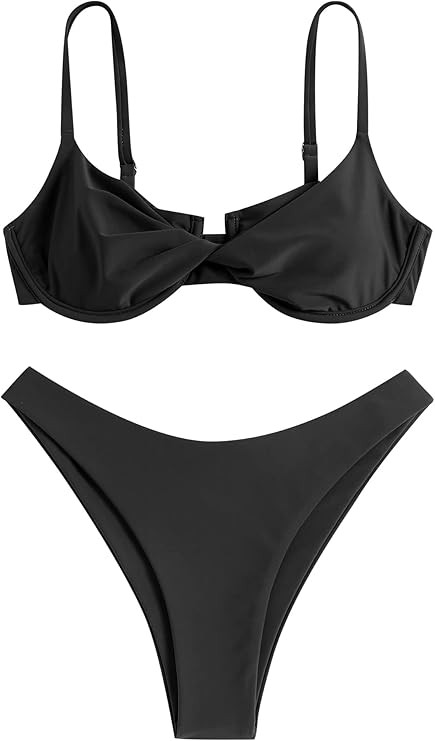 ZAFUL Women's Twist Front Bikini Sets Underwire Tie Back Bikini High Waisted Two Piece Swimsuit | Amazon (US)