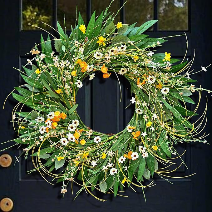 Spring Wreaths for Front Door, Soomeir Summer Green Wreath, Daisy Yellow Green Floral Wreaths,Hom... | Amazon (US)