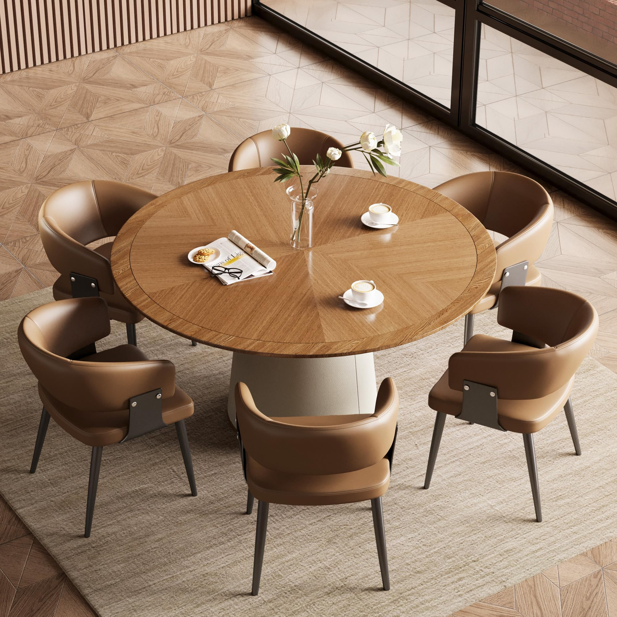 Round Faux Leather Base Dining Table for 4-6 People, Modern Wood Kitchen Table with Solid Veneer ... | Amazon (US)