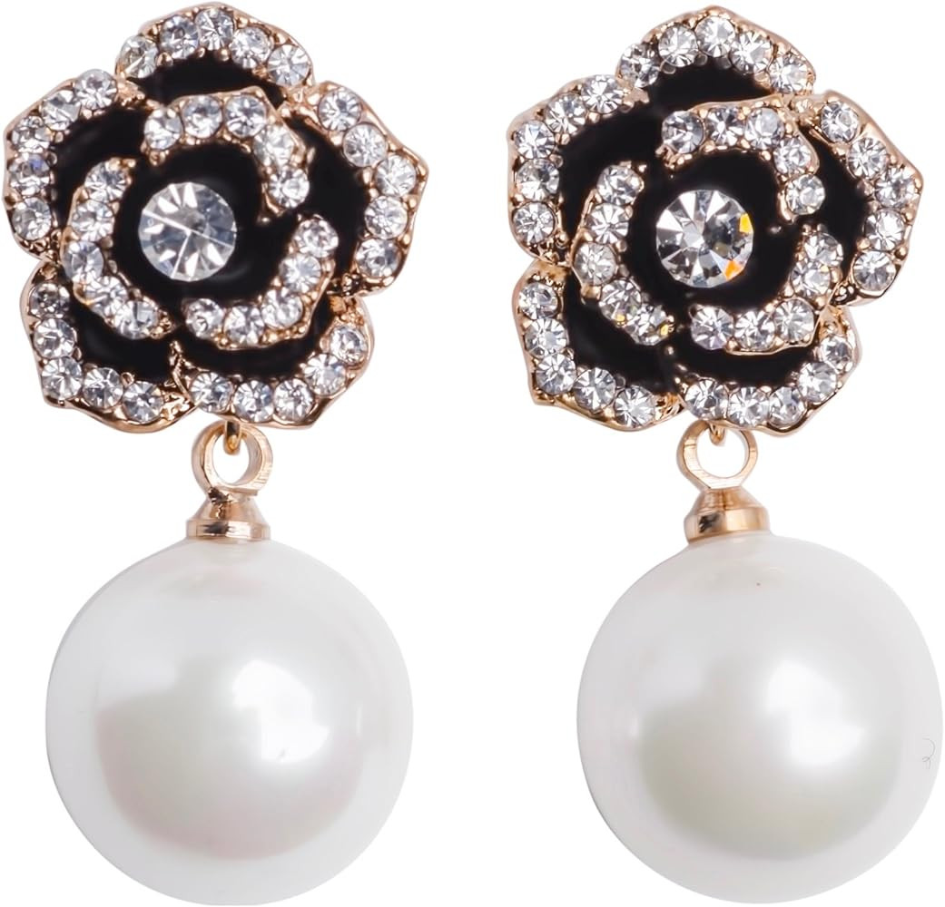 Fashion jewelry designer imitation pearl camellia charm dangle earrings for women | Amazon (US)