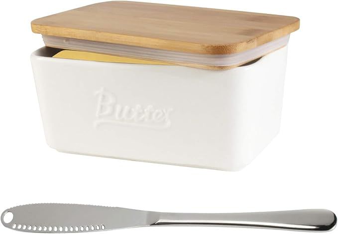 Ceramic Butter Dish, Porcelain Butter Container with Oak Lid and Steel Knife, Perfect for 2 Stick... | Amazon (US)