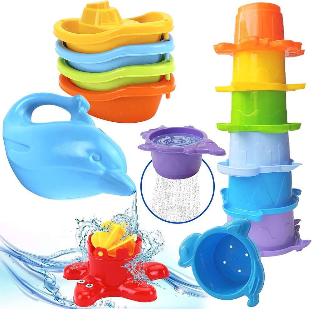 TECHNOK Baby Bath Toys for Toddlers - 12 pcs Rainbow Stacking Cups Baby Toy with Bath Boats Train... | Amazon (US)