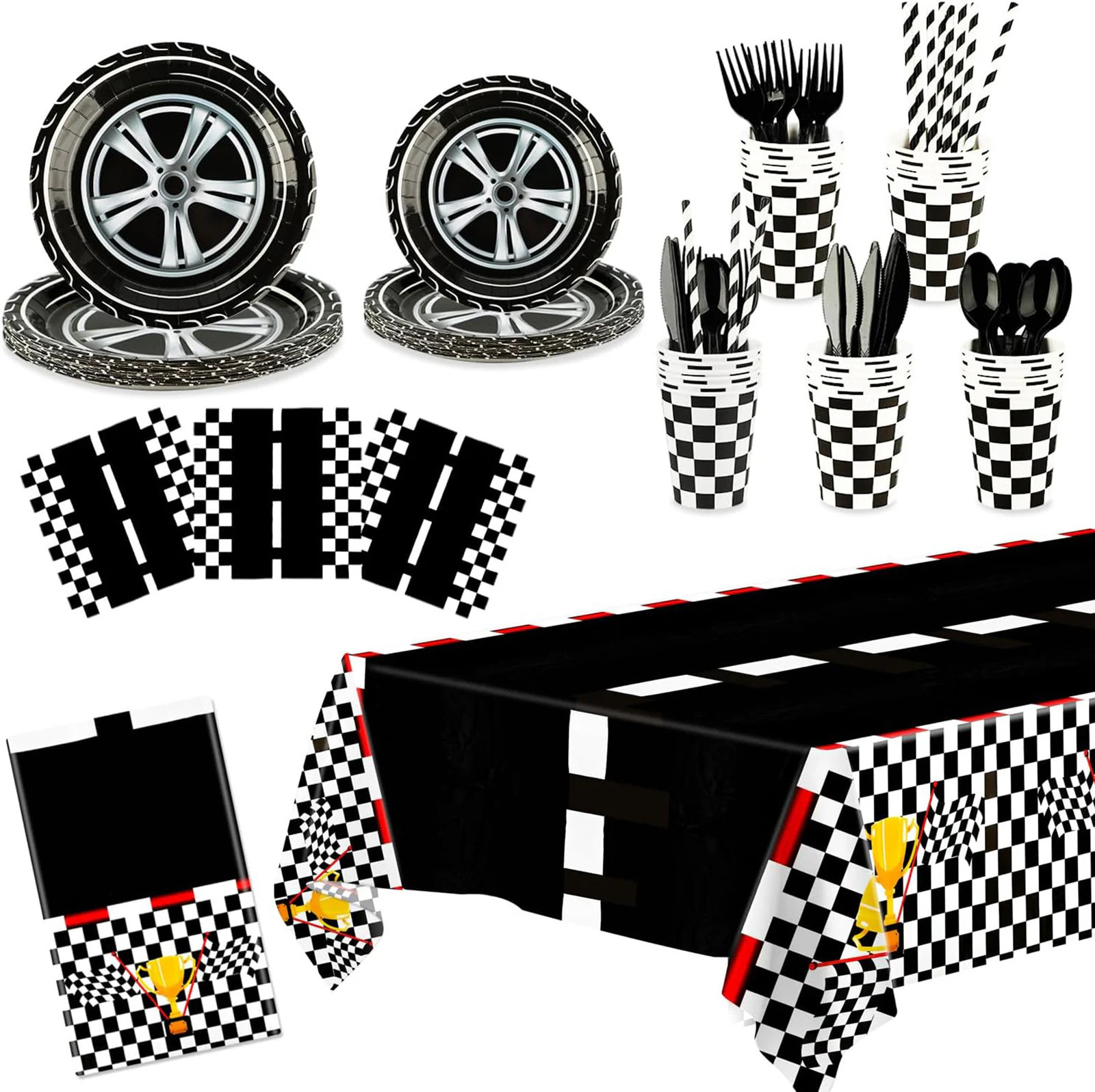 Afoxsos 201 Piece Racing Car Party Tableware Set includes 25 each 7 in dessert plates 9 in dinner plates 6.5 in napkins cups cutlery straws tablecloth | Lowe's