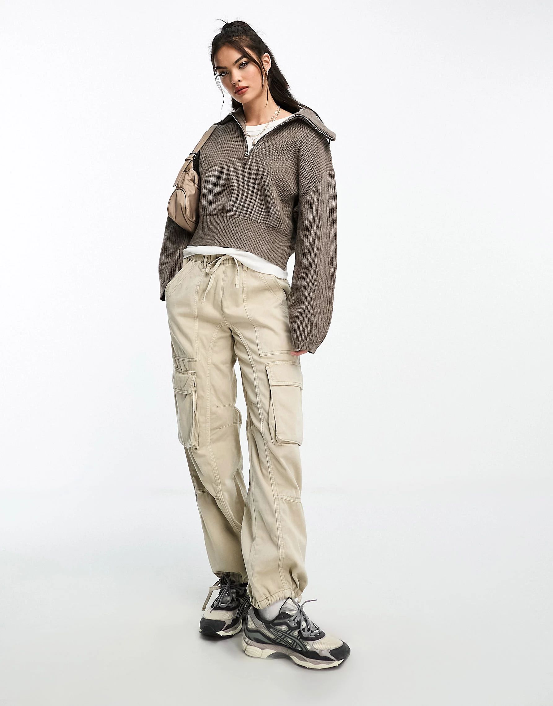 & Other Stories merino wool blend knitted chunky rib half zip sweater in taupe | ASOS (Global)