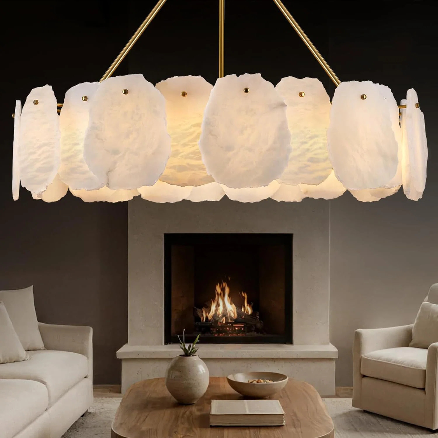 Latitude Run® 32" Dimmable Round Led Alabaster Chandelier Marble Drum Pendant Lights For Dining Room | Wayfair | Wayfair North America
