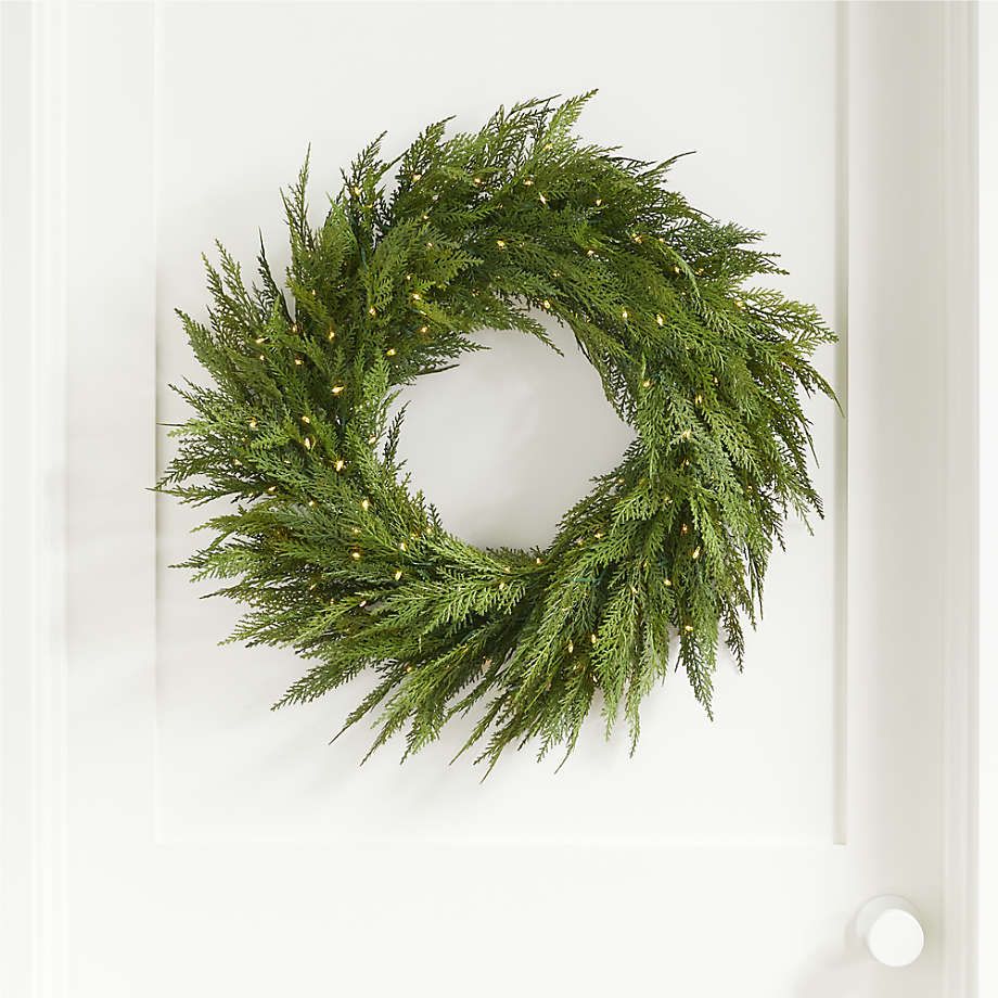 Faux Hemlock Pine Pre-Lit LED Wreath 28" + Reviews | Crate & Barrel | Crate & Barrel
