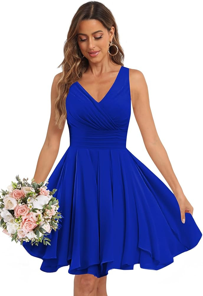 Short Bridesmaid Dresses for Women Sleeveless Pleated Chiffon V Neck A Line Knee Length Formal Ev... | Amazon (US)