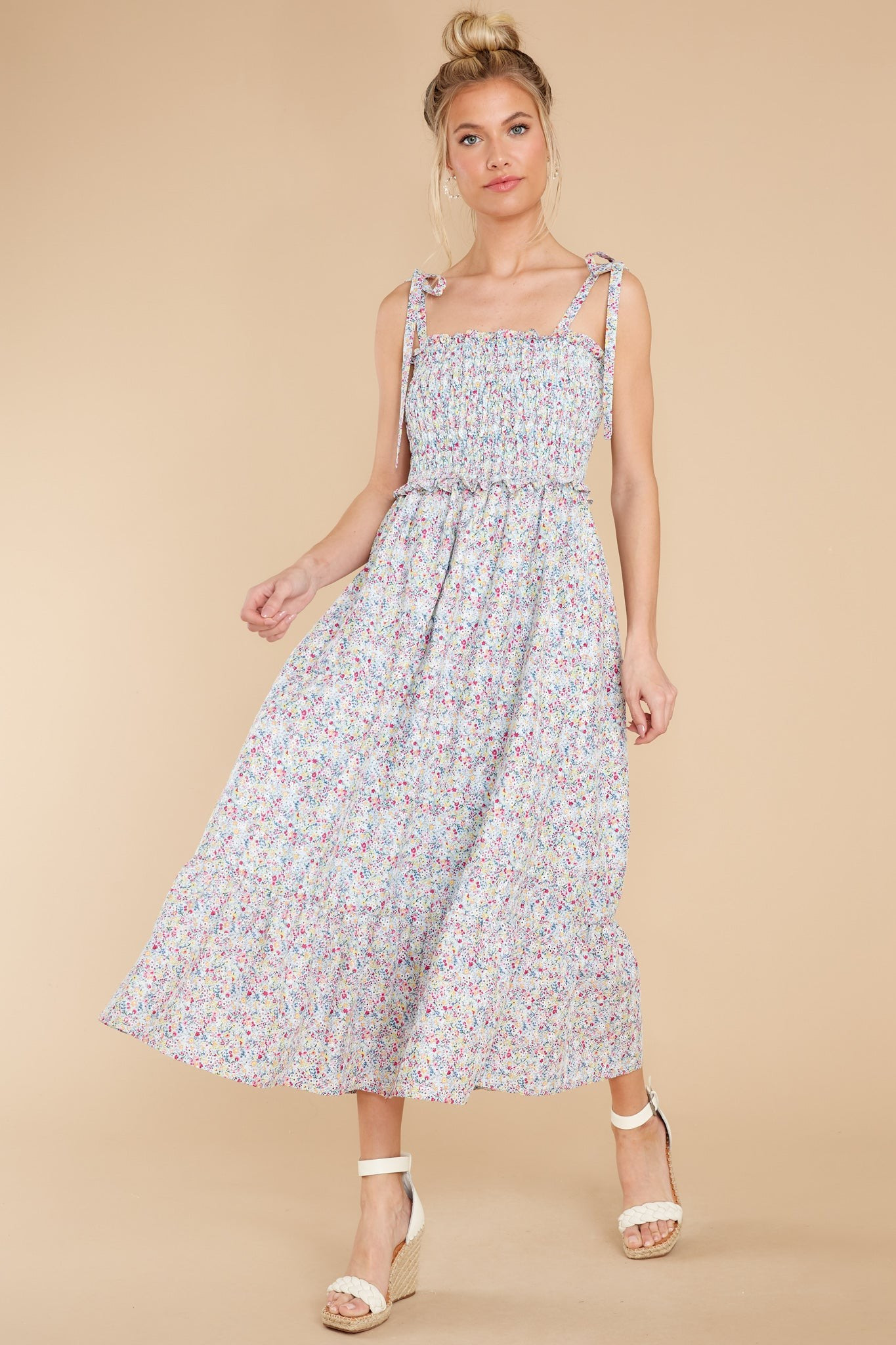 Gentle Greetings Powder Blue Multi Floral Print Midi Dress | Red Dress 