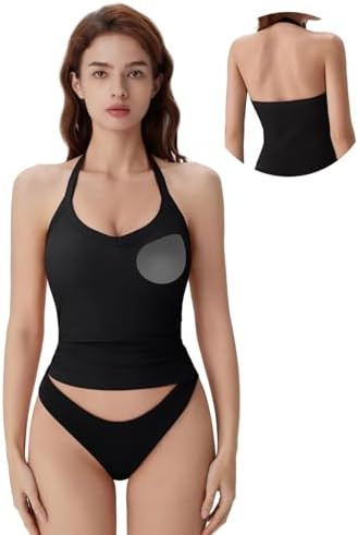 SUUKSESS Halter Tank Top for Women with Built in Bra Cotton Ribbed V Neck Cami | Amazon (US)