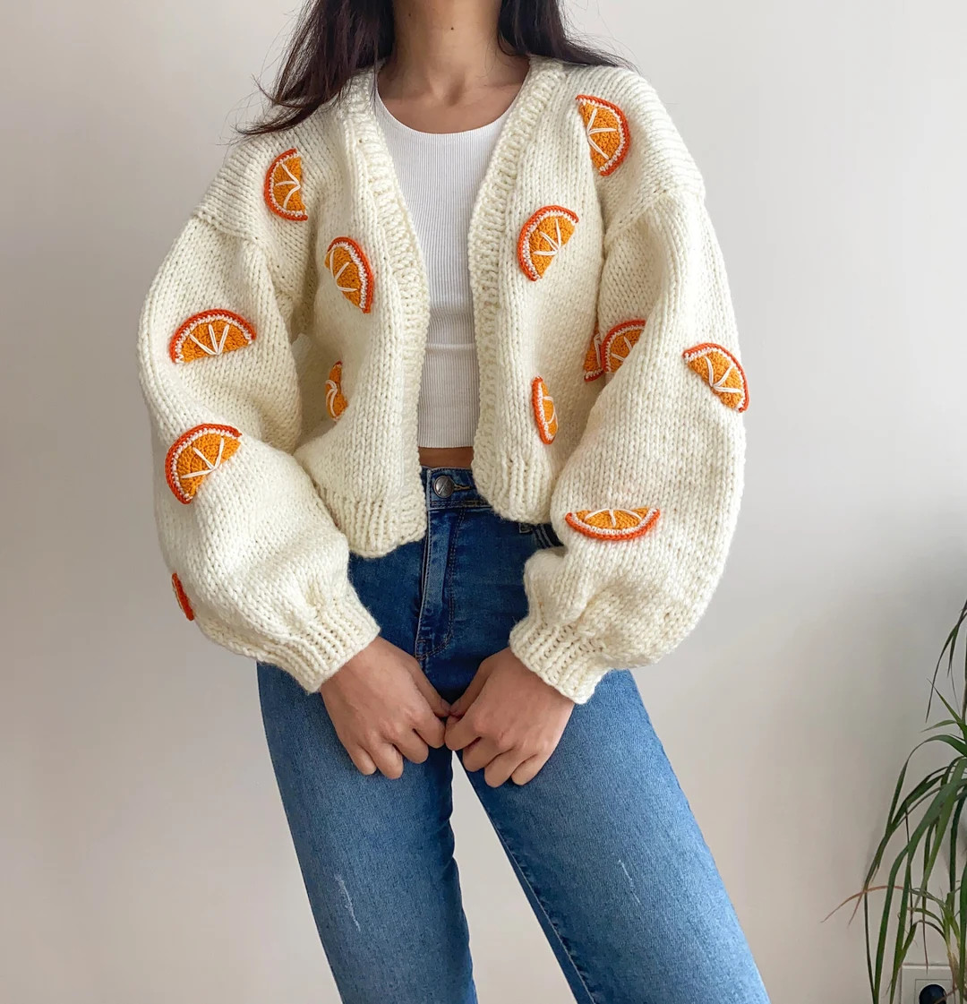 Hand Knit Chunky Orange Cardigan,Soft Fruity Women Sweater,Handmade Crop Knit Kawaii Outfit,Y2k T... | Etsy (US)