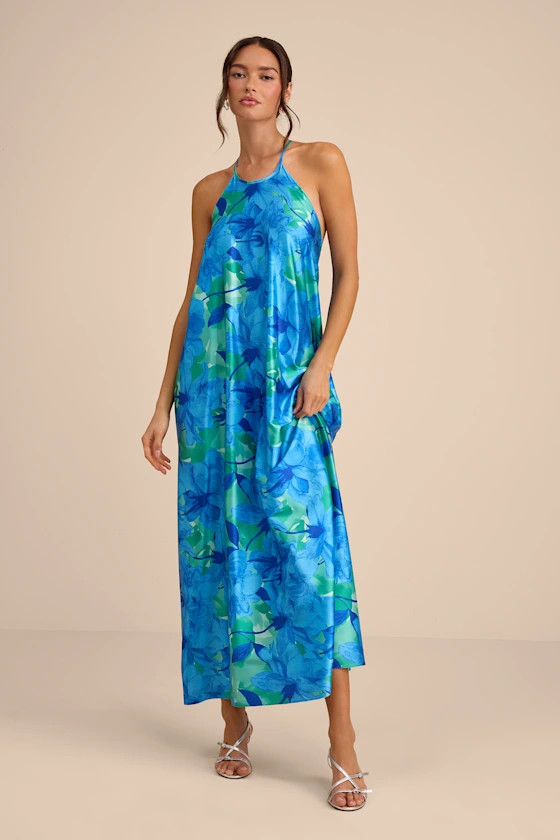 Imana Blue and Green Floral Satin Shift Midi Dress | Miami club | Mexico outfits  | Lulus
